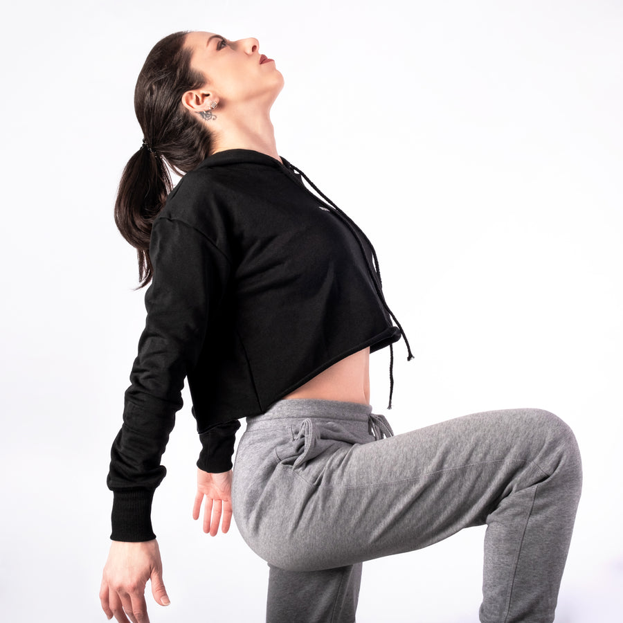 STEP AHEAD Black Pullover Crop Top Hoodie STEP AHEAD Black Pullover Crop Top Hoodie