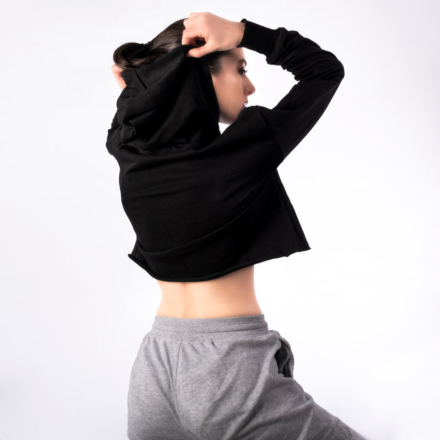 STEP AHEAD Black Pullover Crop Top Hoodie STEP AHEAD Black Pullover Crop Top Hoodie