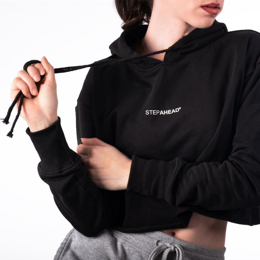 STEP AHEAD Black Pullover Crop Top Hoodie STEP AHEAD Black Pullover Crop Top Hoodie
