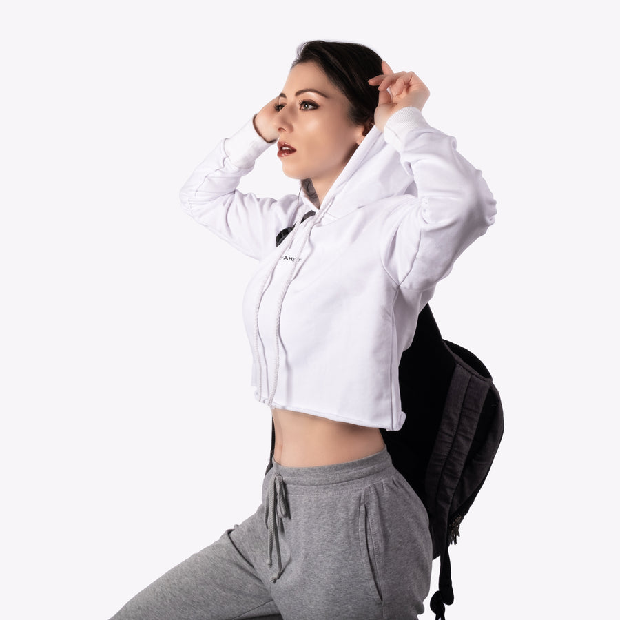 STEP AHEAD White Pullover Crop Top Hoodie STEP AHEAD White Pullover Crop Top Hoodie
